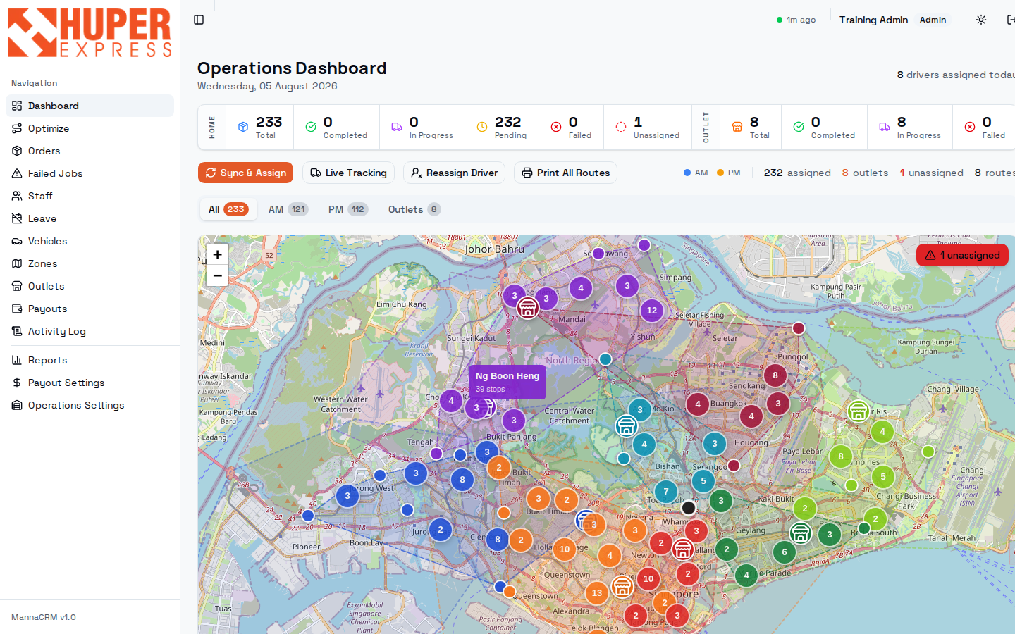Operations dashboard with KPI strip, action buttons and live map