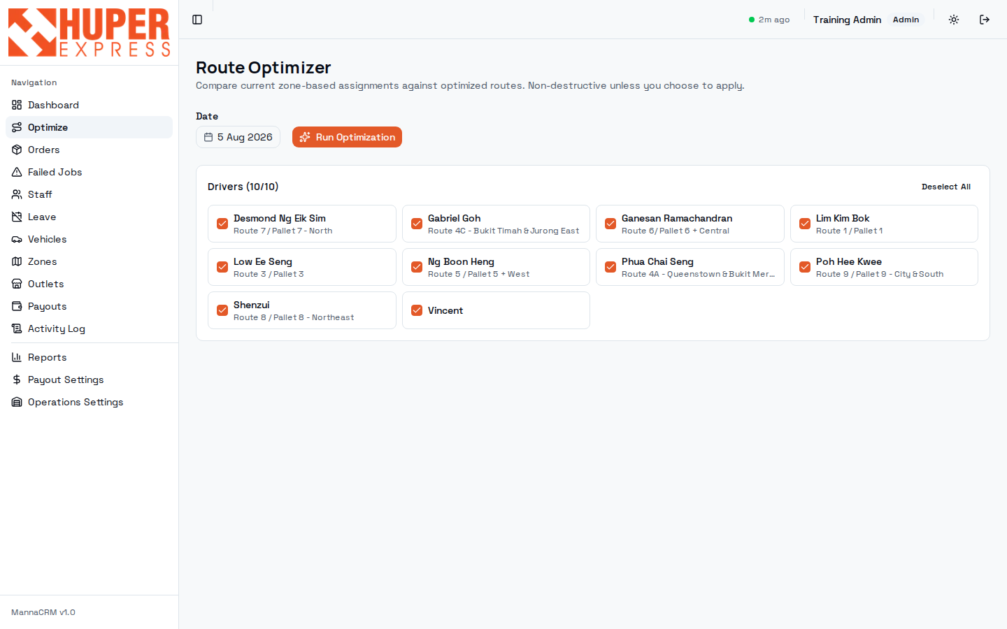 Route optimizer with driver selection
