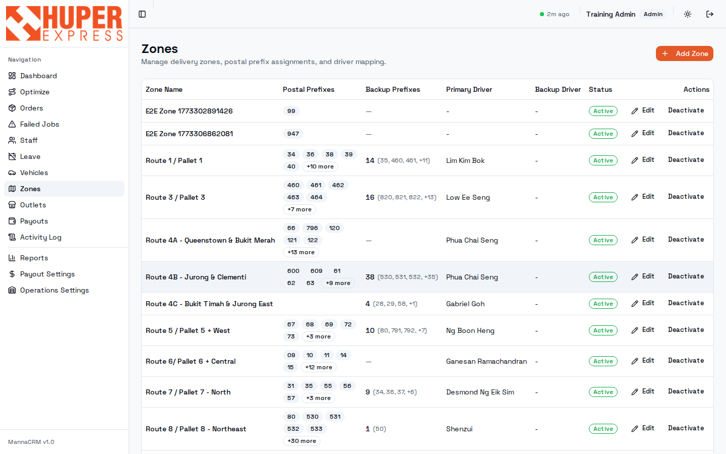 Zones table mapping postal prefixes to drivers