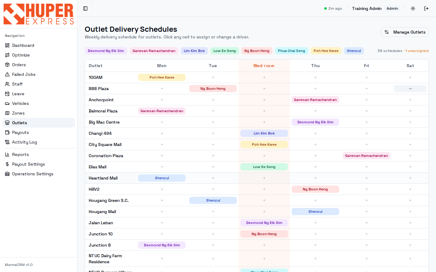 Outlet weekly schedule grid