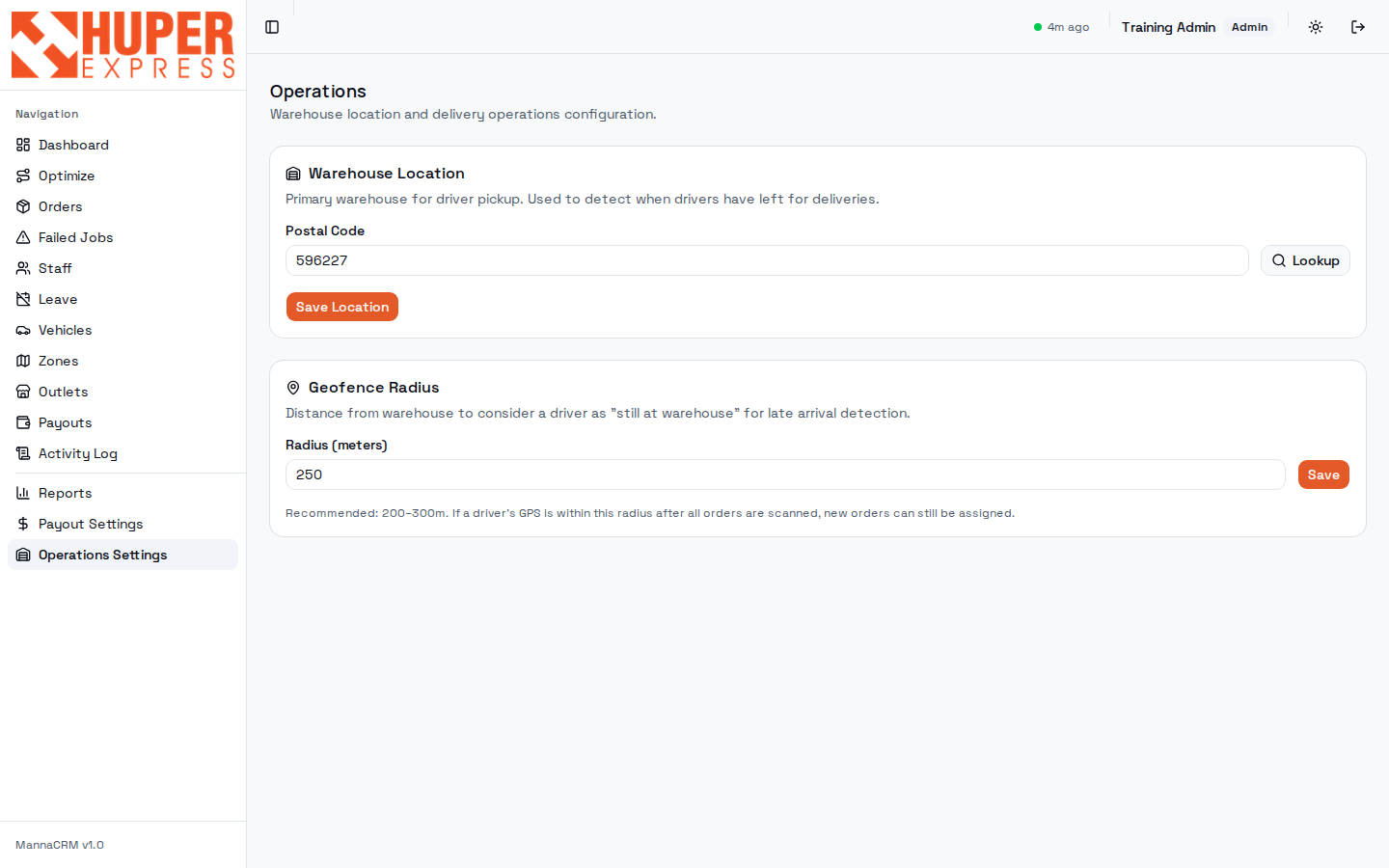 Operations settings: warehouse location and geofence radius