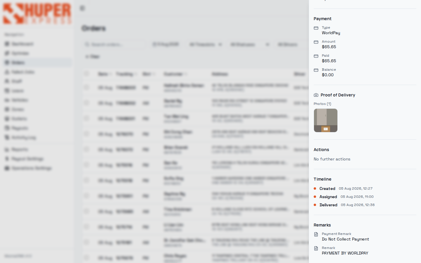 Order drawer bottom: proof of delivery photo, timeline, remarks