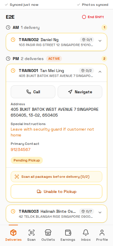 Expanded pending job card with call, navigate, instructions and pickup state