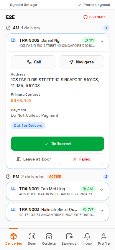 Active job with Delivered, Leave at Door and Failed actions