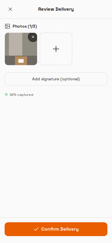 Review Delivery sheet with photo, signature and GPS
