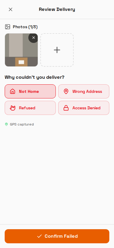 Failure flow with photo and reason selection
