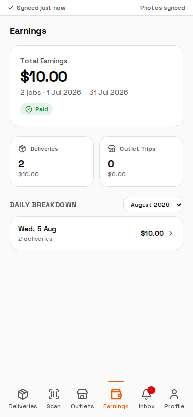 Earnings screen with totals and daily breakdown